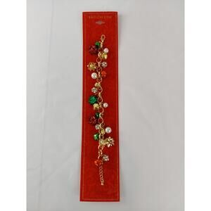 Holiday Lane Tri-Tone  Crystal, Imitation Pearl & Bow Jingle Bell Charm Bracelet